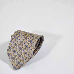 Trussardi Silk Designer Tie Beige Blue Geo AOP Greyhound Logo Italy W3.75" L56"